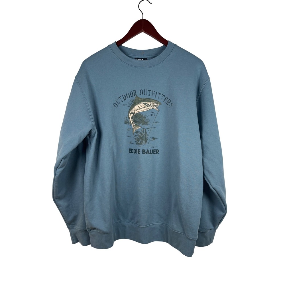 Eddie Bauer Sweatshirt Mens M Outdoor Outfitters Trout Blue Graphic Pullover